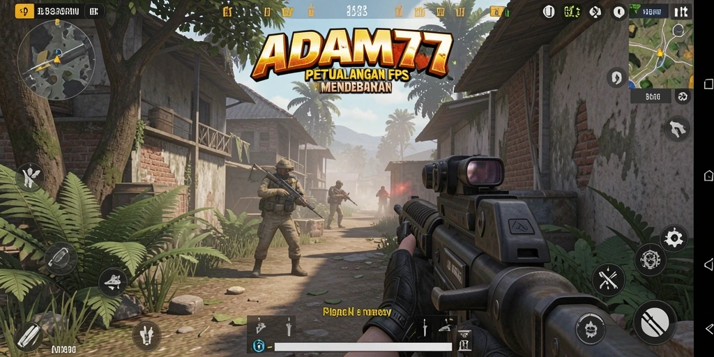 Screenshot utama ADAM77 menunjukkan aksi seru dalam pertempuran FPS.