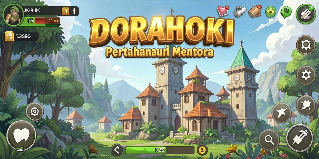 Tampilan gameplay DORAHOKI dengan penempatan menara strategis.