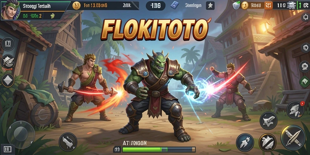 Screenshot gameplay <strong>FLOKITOTO</strong> menunjukkan pertempuran strategis yang intens.