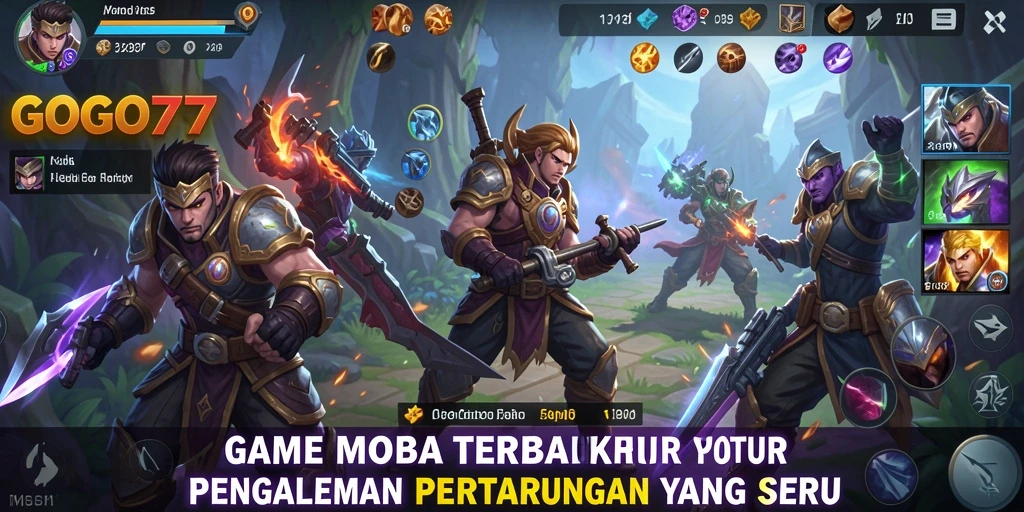 Screenshot dari gameplay GOGO77 dengan pertarungan MOBA yang seru.