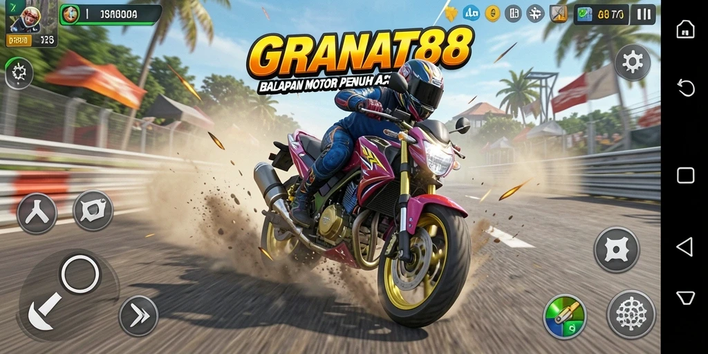 Tampilan gameplay seru dari GRANAT88 dalam balapan motor yang mendebarkan.