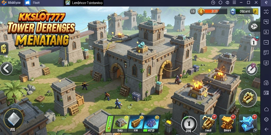 Screenshot KKSLOT777 menampilkan aksi pertahanan menara yang intens.