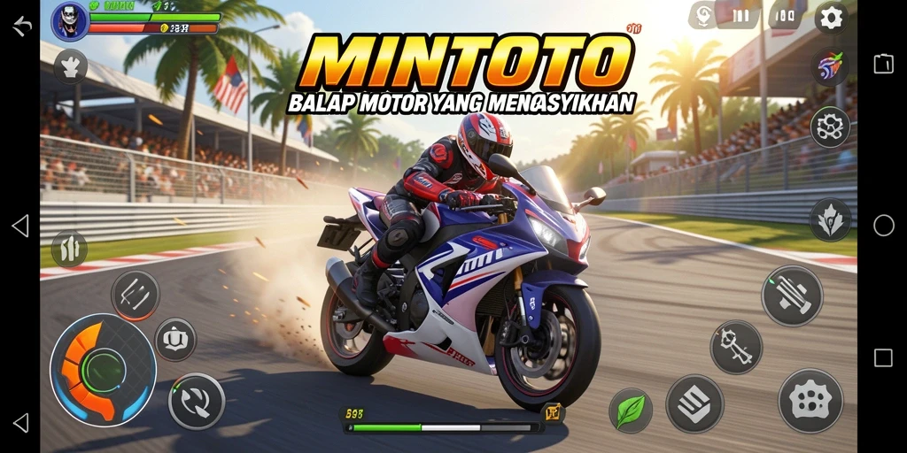 Tangkapan layar gameplay MINTOTO menampilkan balapan motor yang intens.