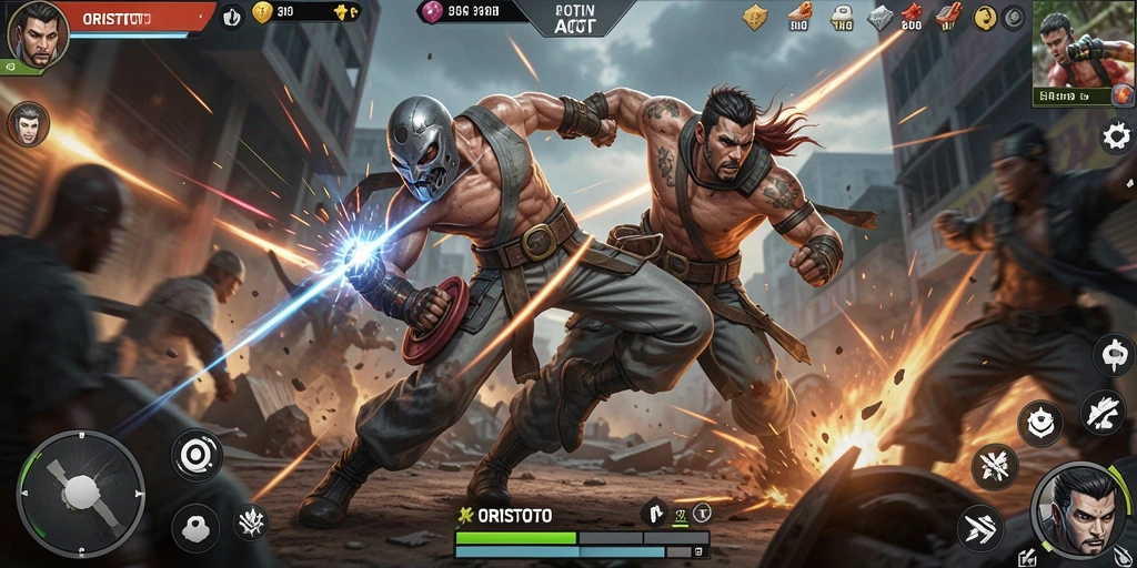 Screenshot gameplay ORISTOTO menunjukkan pertempuran seru dan menegangkan.