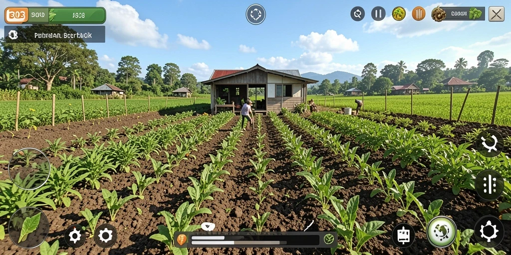 Tampilan gameplay Farming menarik dengan variasi tanaman dan hewan.