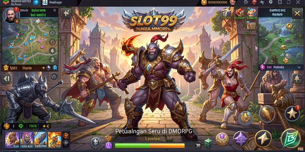 Screenshot dari gameplay SLOT99 yang menunjukkan pertempuran epik di dunia MMORPG.