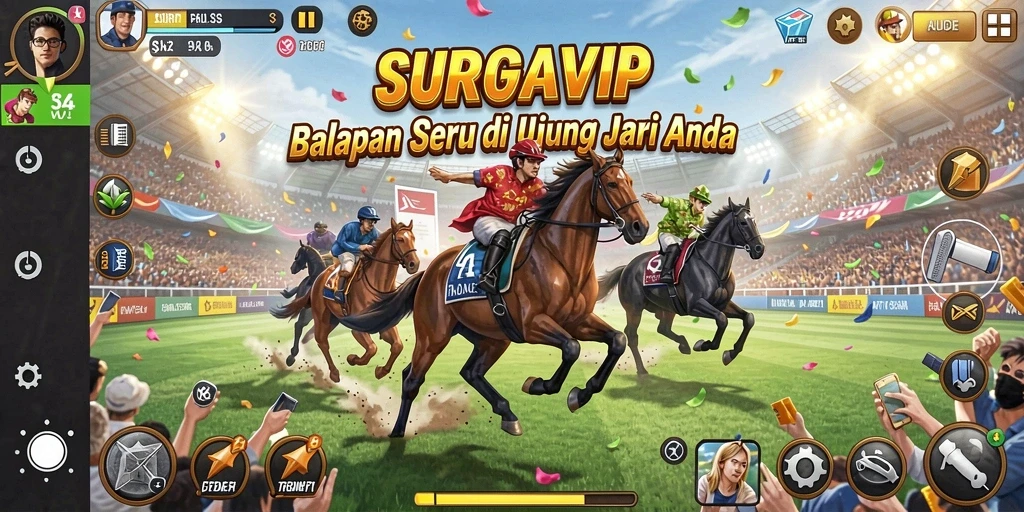 Screenshot utama SURGAVIP menampilkan aksi balapan yang mendebarkan di lintasan.